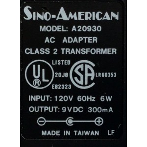 CARGADOR / ADAPTADOR DE FUENTE DE ALIMENTACION SINO-AMERICAN / VCA-VCD / NUMERO DE PARTE A20930 / E82323 / LR60353 / ENTRADA VCA 120V 60HZ 6W / SALIDA VCD 9V 300MA / MODELO A20930